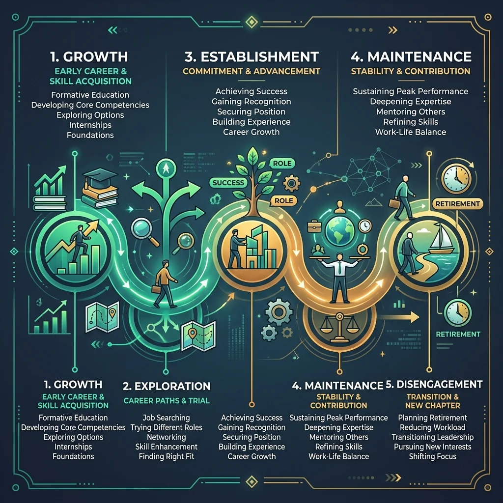 Diagram of Donald Super's five career life stages: growth, exploration, establishment, maintenance, disengagement